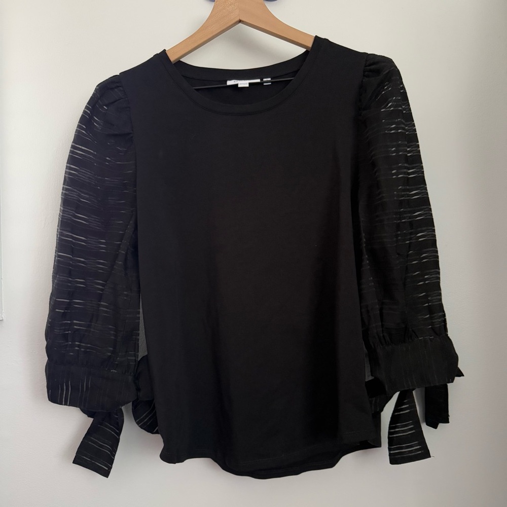 Chico’s‎ Medium NEW Knit Top Organza Stripe Sleeve Tee Black Tied Office
